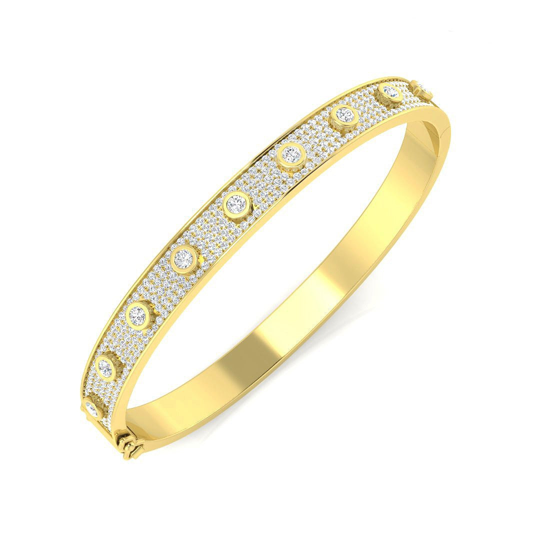 Lab Grown Diamond Bezel Pave Set Fancy Bangle with Hinged Box Lock in 10K/14K gold and platinum with certified lab-grown or natural diamonds