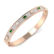 Emerald Natural Round and Baguette Cut Diamond Pave Set Bangle - Hinged Box Clasp in 10K/14K gold and platinum with certified lab-grown or natural diamonds