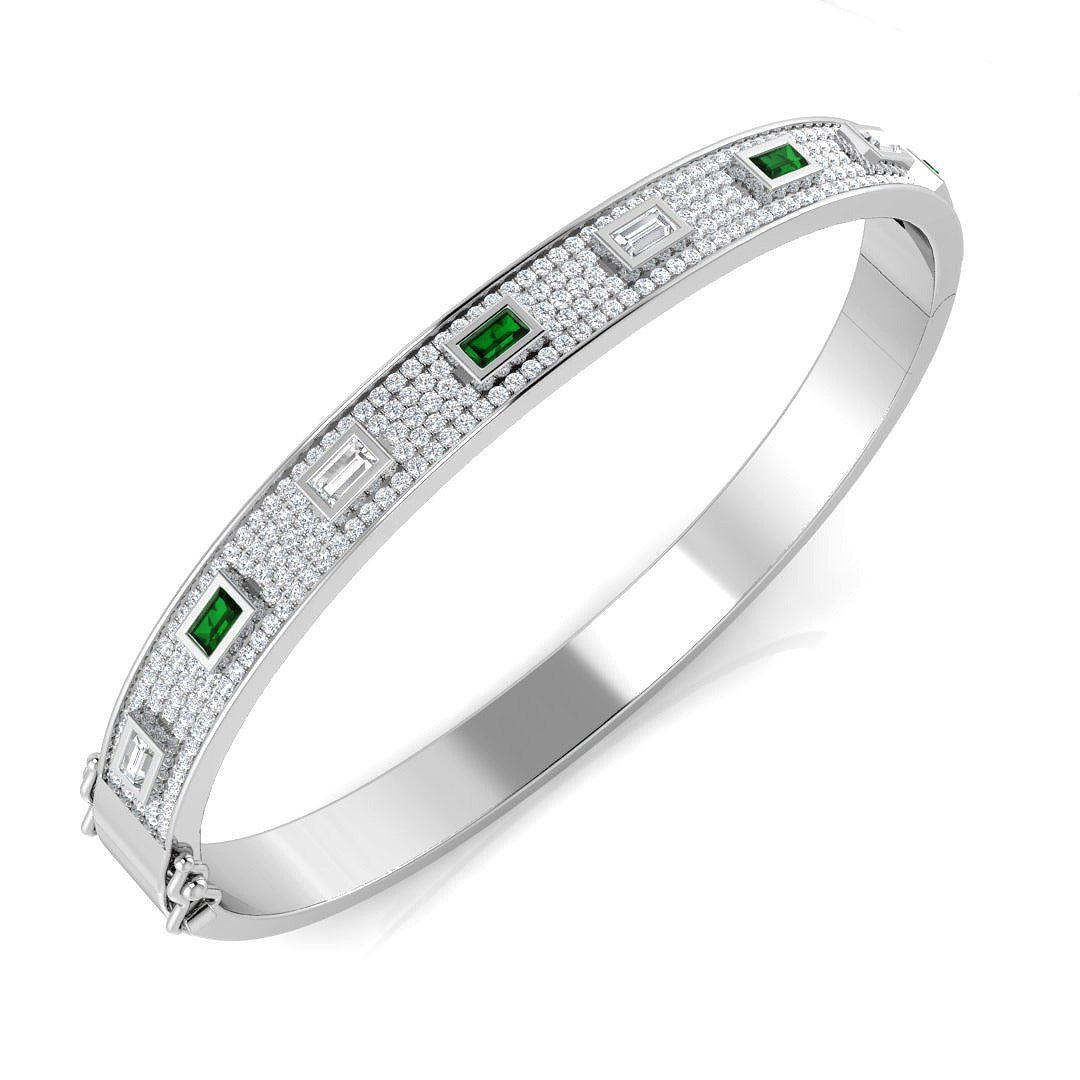 Emerald Natural Round and Baguette Cut Diamond Pave Set Bangle - Hinged Box Clasp in 10K/14K gold and platinum with certified lab-grown or natural diamonds