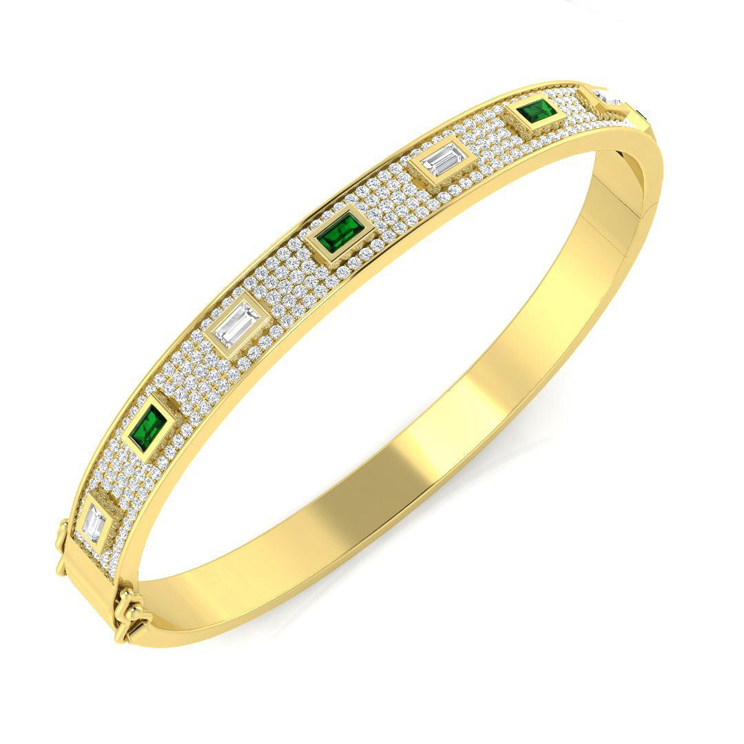 Emerald Natural Round and Baguette Cut Diamond Pave Set Bangle - Hinged Box Clasp in 10K/14K gold and platinum with certified lab-grown or natural diamonds