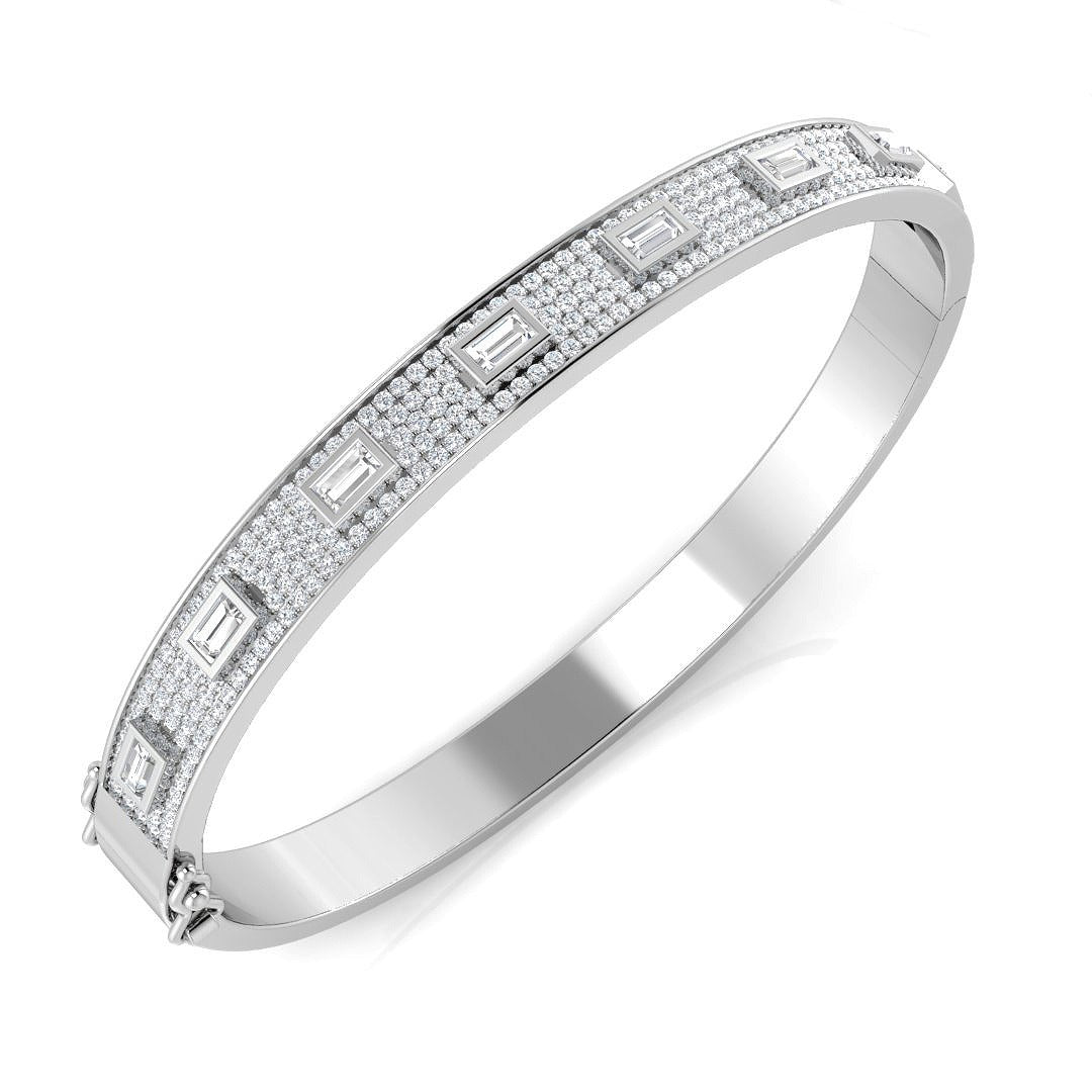 Natural Baguette and Round Diamond Half Pave Bangle Bracelet in 10K/14K gold and platinum with certified lab-grown or natural diamonds
