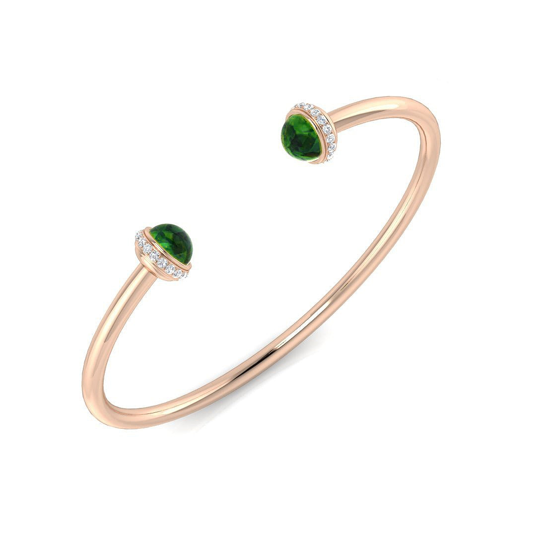 Cabochon Emerald Open Cuff Bangle with Natural Round Halo Diamonds in 10K/14K gold and platinum with certified lab-grown or natural diamonds