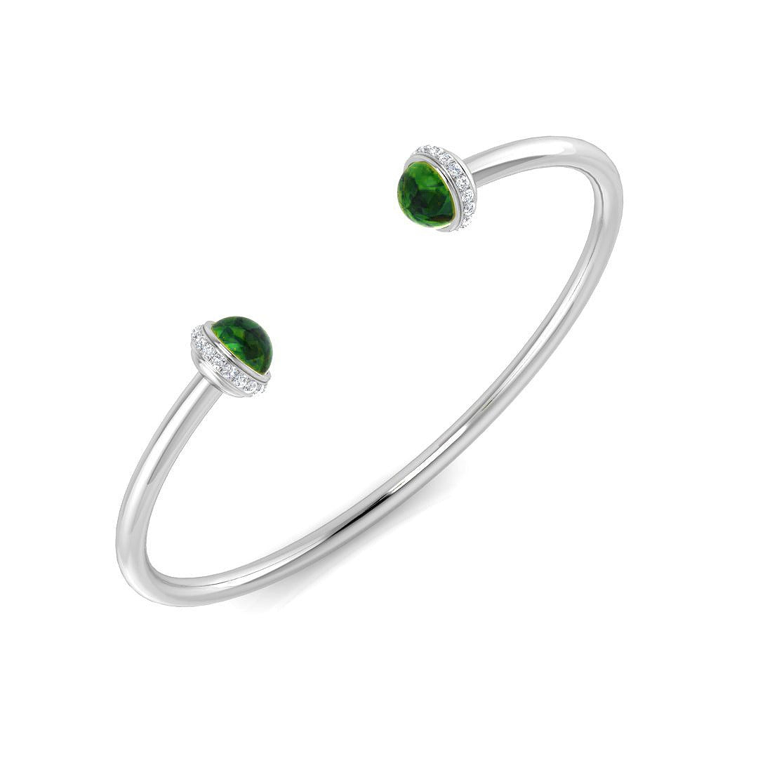 Cabochon Emerald Open Cuff Bangle with Natural Round Halo Diamonds in 10K/14K gold and platinum with certified lab-grown or natural diamonds