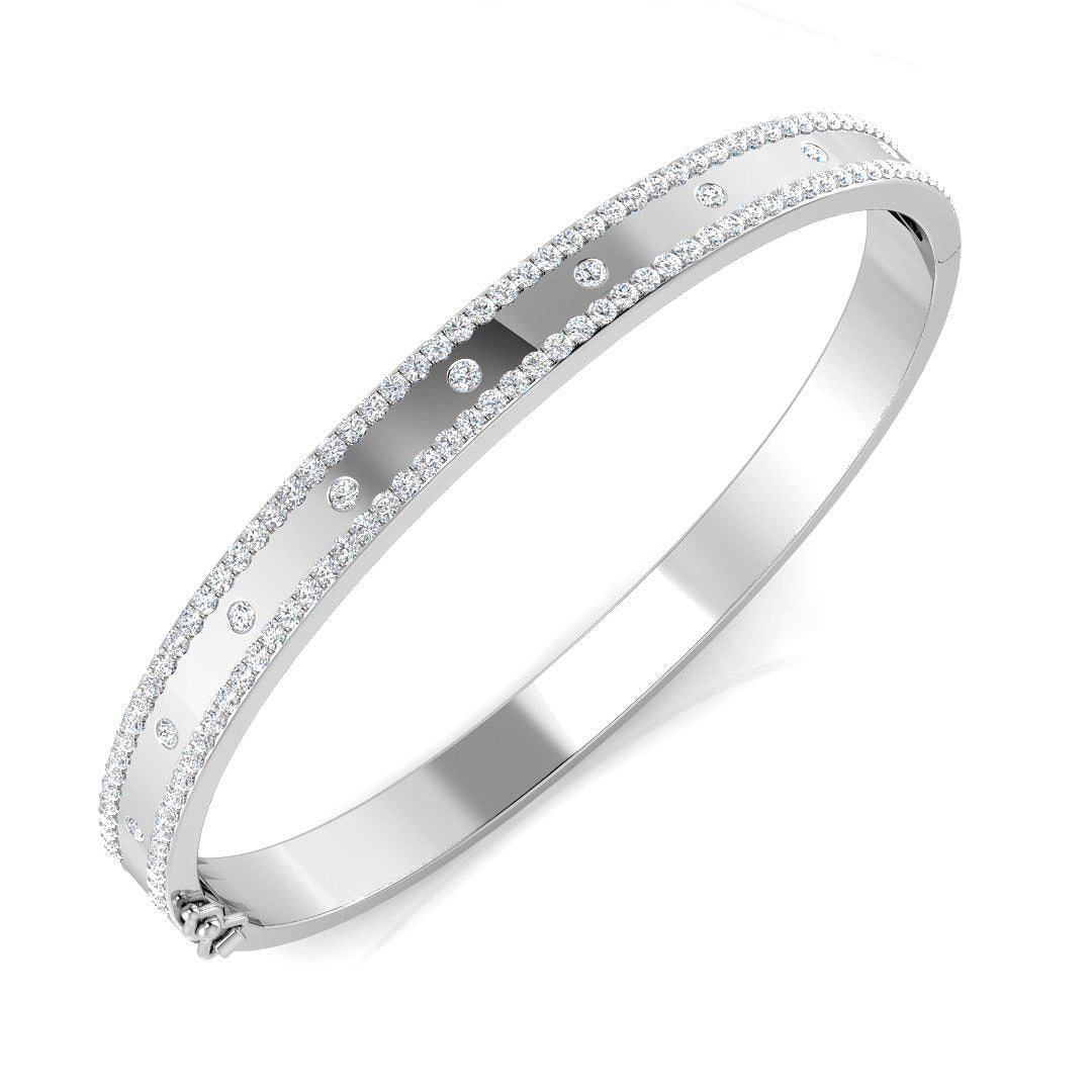 Lab Grown Round Cut Diamond Pave and Flush Set Fancy Bangle with Hinged Box Lock in 10K/14K gold and platinum with certified lab-grown or natural diamonds