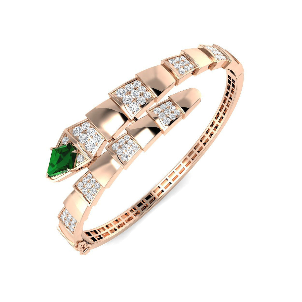 Emerald and Natural Round Diamond Bypass Open Cuff Bangle in 10K/14K gold and platinum with certified lab-grown or natural diamonds