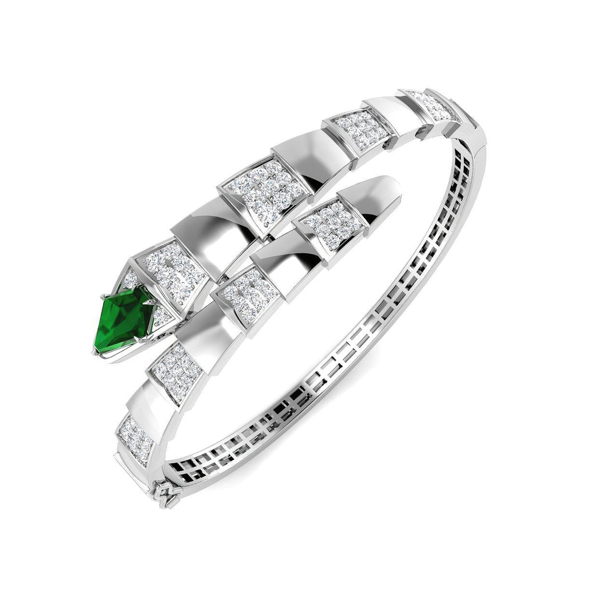 Emerald and Natural Round Diamond Bypass Open Cuff Bangle in 10K/14K gold and platinum with certified lab-grown or natural diamonds