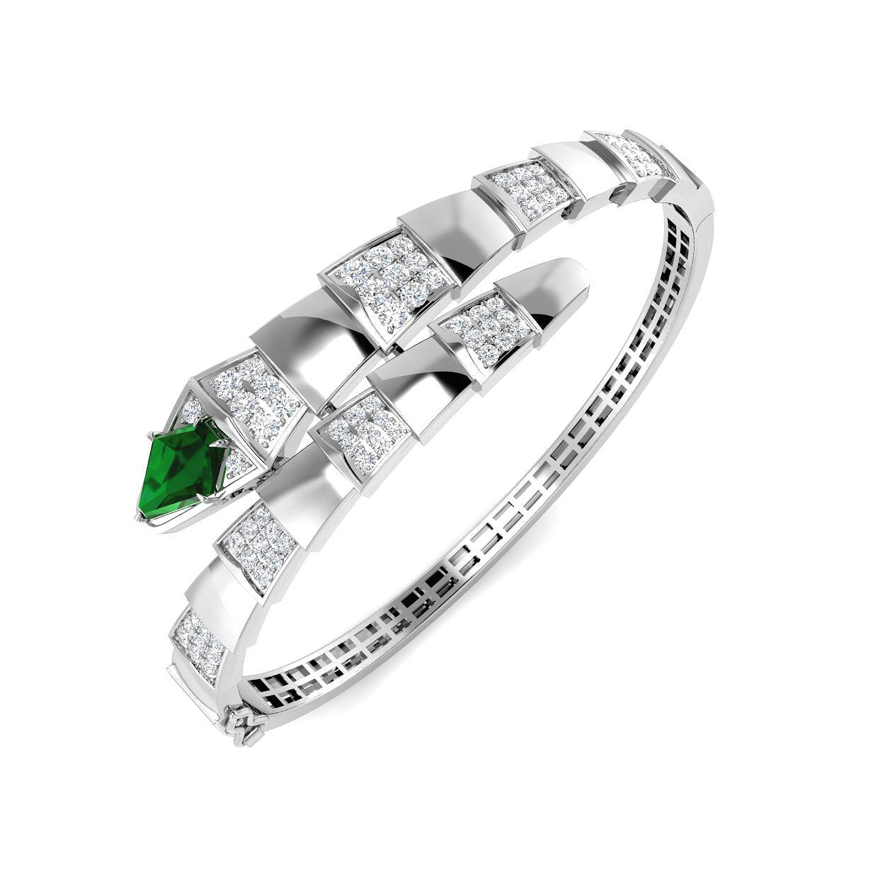 Emerald and Natural Round Diamond Bypass Open Cuff Bangle in 10K/14K gold and platinum with certified lab-grown or natural diamonds