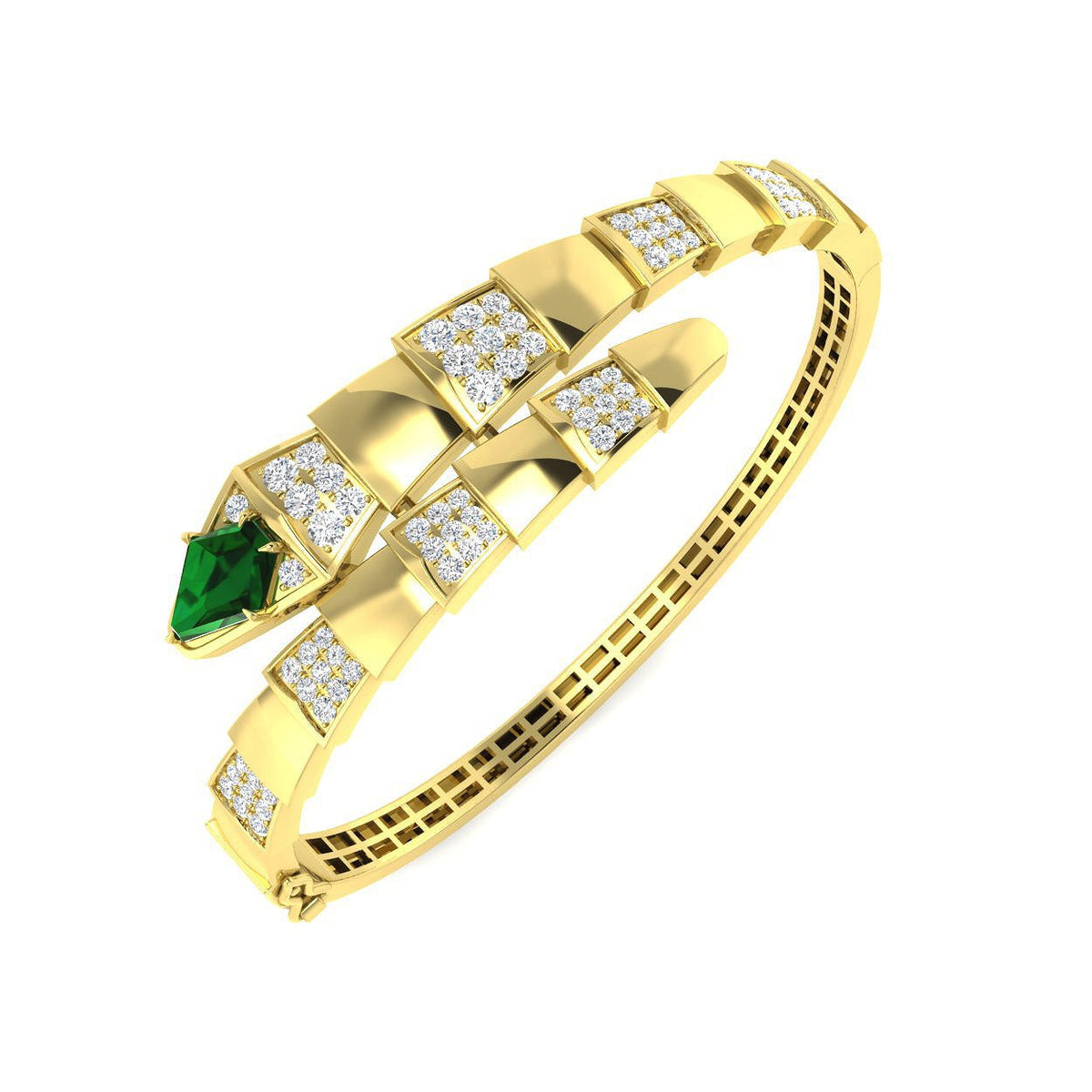 Emerald and Natural Round Diamond Bypass Open Cuff Bangle in 10K/14K gold and platinum with certified lab-grown or natural diamonds