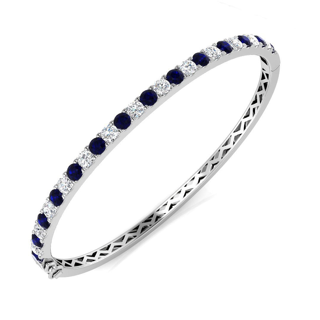 Natural Round Cut Diamond and Blue Sapphire Gemstone Bangle in 10K/14K gold and platinum with certified lab-grown or natural diamonds