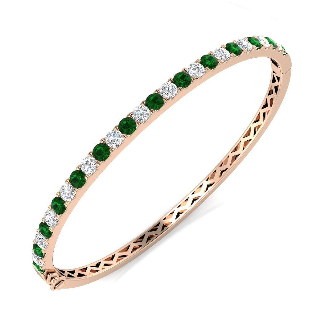 Platinum Natural Round Cut Diamond and Gemstone Half Eternity Prong Set Hinged Bangle in 10K/14K gold and platinum with certified lab-grown or natural diamonds