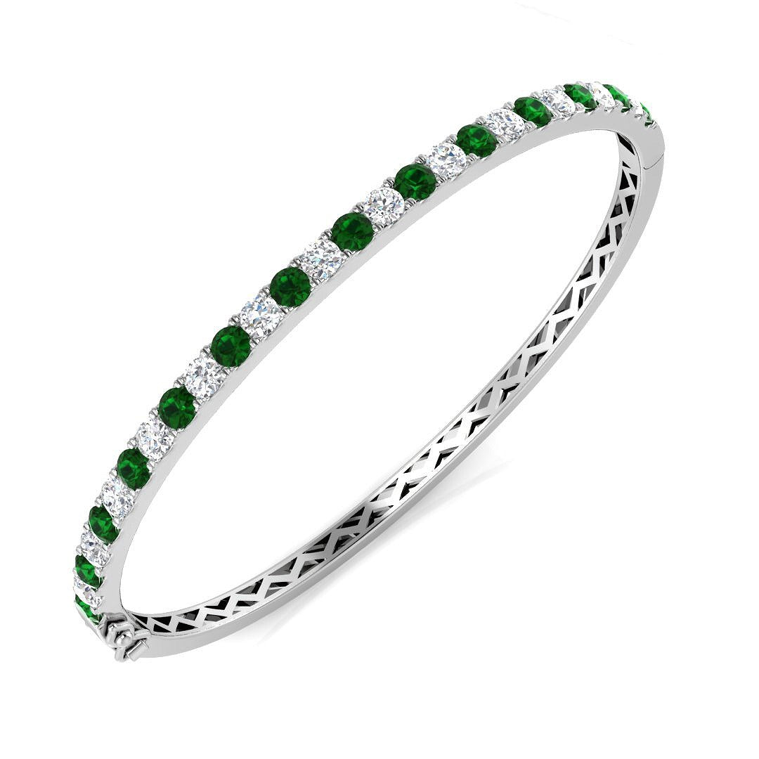 Platinum Natural Round Cut Diamond and Gemstone Half Eternity Prong Set Hinged Bangle in 10K/14K gold and platinum with certified lab-grown or natural diamonds