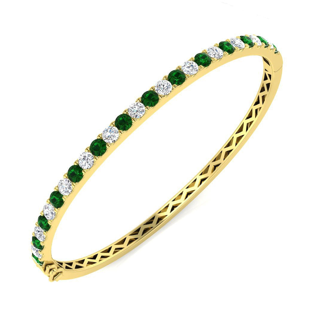 Platinum Natural Round Cut Diamond and Gemstone Half Eternity Prong Set Hinged Bangle in 10K/14K gold and platinum with certified lab-grown or natural diamonds