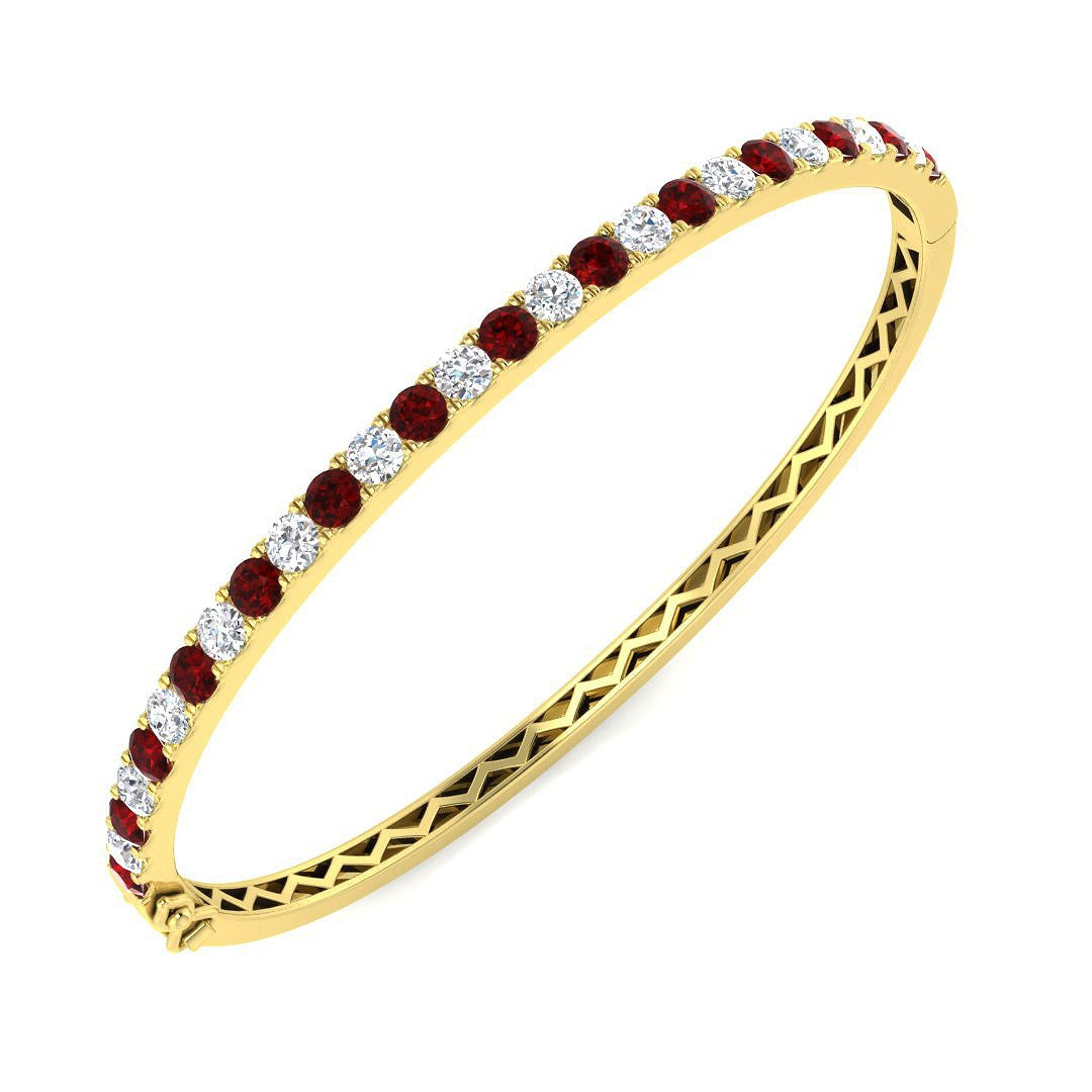 Natural Round Diamond and Ruby Half Eternity Bangle with Hinged Box Clasp in 10K/14K gold and platinum with certified lab-grown or natural diamonds
