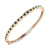 Natural Diamond and Emerald Channel Set Hinged Bangle with Box Clasp in 10K/14K gold and platinum with certified lab-grown or natural diamonds