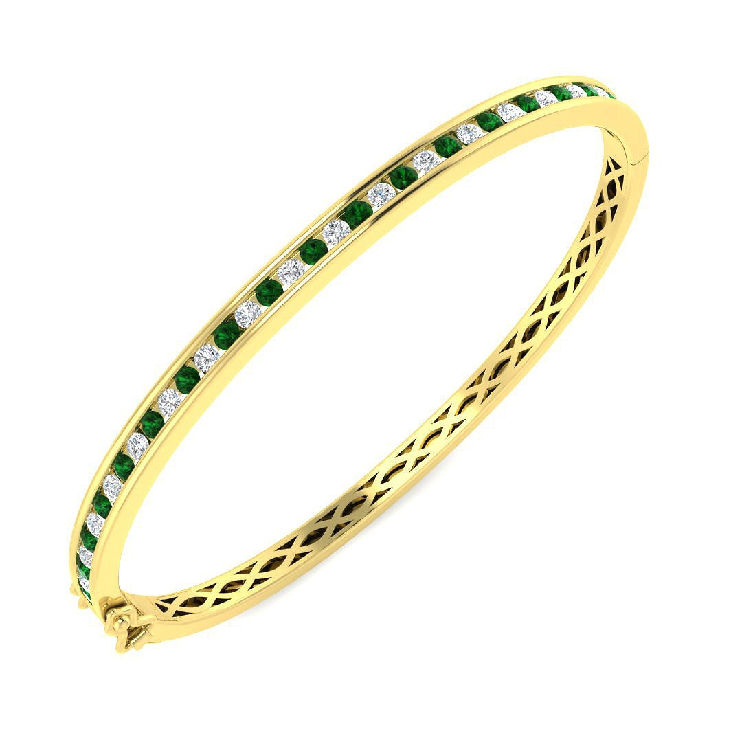 Natural Diamond and Emerald Channel Set Hinged Bangle with Box Clasp in 10K/14K gold and platinum with certified lab-grown or natural diamonds