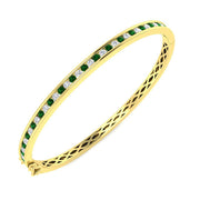 Natural Diamond and Emerald Channel Set Hinged Bangle with Box Clasp in 10K/14K gold and platinum with certified lab-grown or natural diamonds