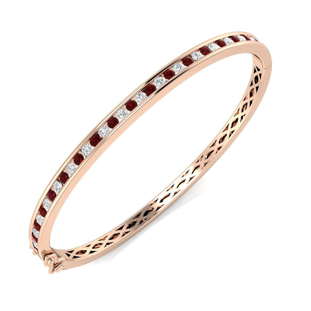 Platinum Natural Round Cut and Ruby Channel Set Eternity Bangle with Hinged Box Clasp in 10K/14K gold and platinum with certified lab-grown or natural diamonds