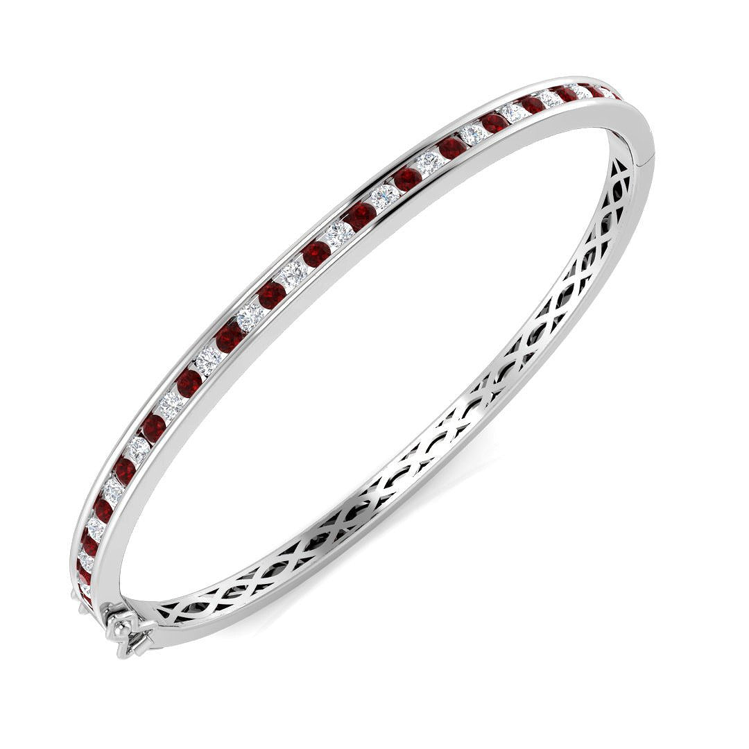 Platinum Natural Round Cut and Ruby Channel Set Eternity Bangle with Hinged Box Clasp in 10K/14K gold and platinum with certified lab-grown or natural diamonds