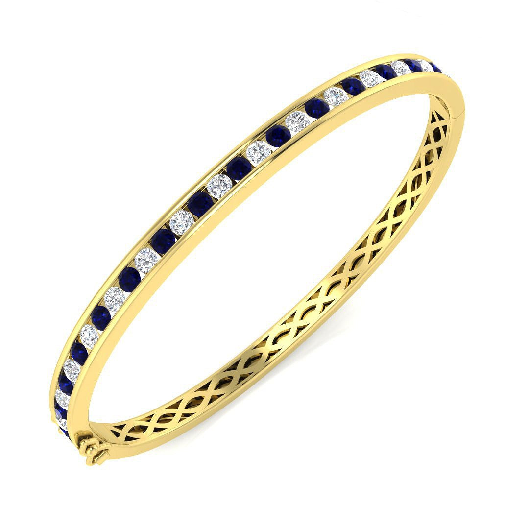 Blue Sapphire and Natural Diamond Channel Set Gemstone Bangle in 10K/14K gold and platinum with certified lab-grown or natural diamonds