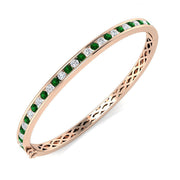 Natural Diamond and Emerald Channel Set Hinged Bangle with Box Clasp in 10K/14K gold and platinum with certified lab-grown or natural diamonds