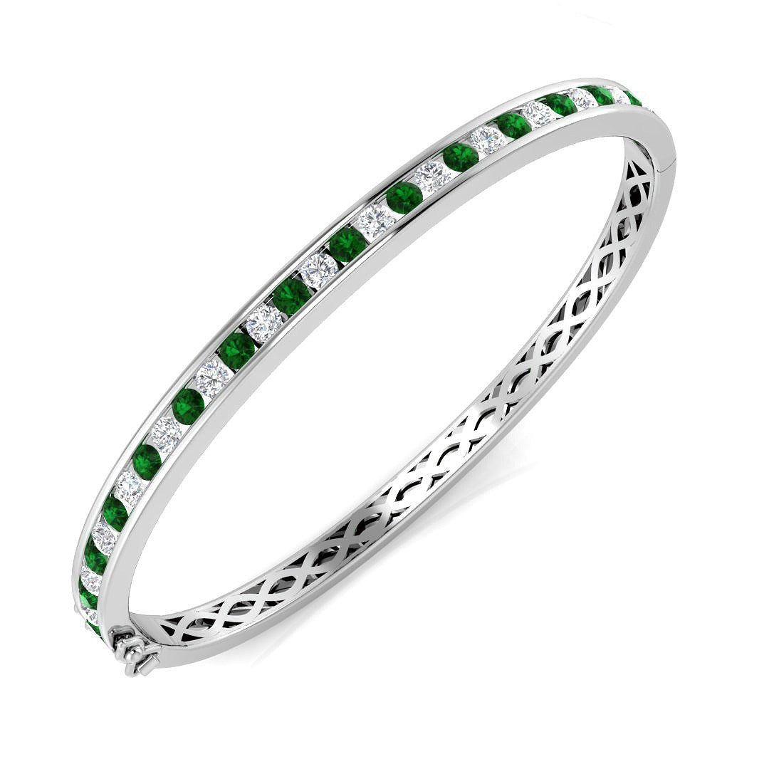 Natural Diamond and Emerald Channel Set Hinged Bangle with Box Clasp in 10K/14K gold and platinum with certified lab-grown or natural diamonds