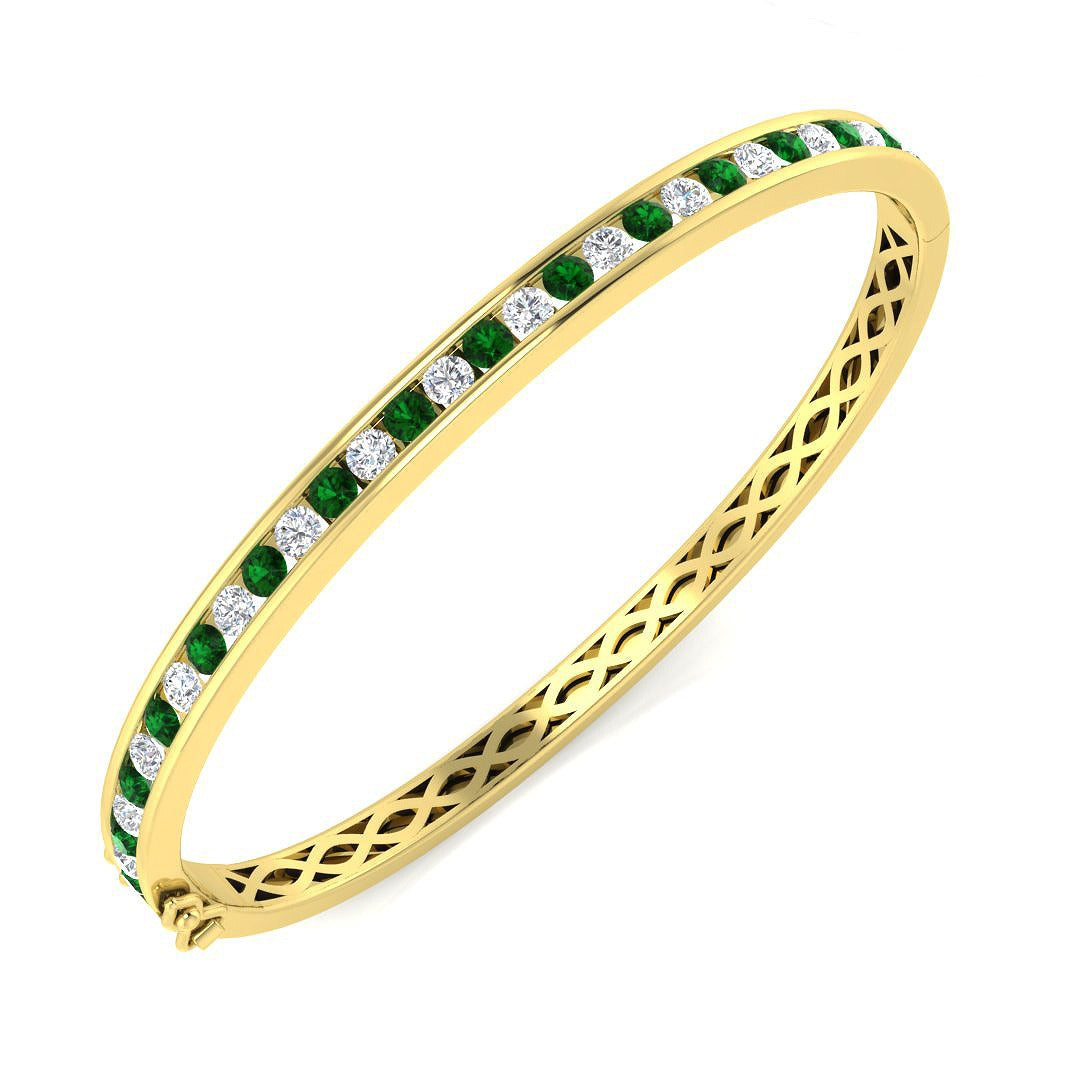 Natural Diamond and Emerald Channel Set Hinged Bangle with Box Clasp in 10K/14K gold and platinum with certified lab-grown or natural diamonds