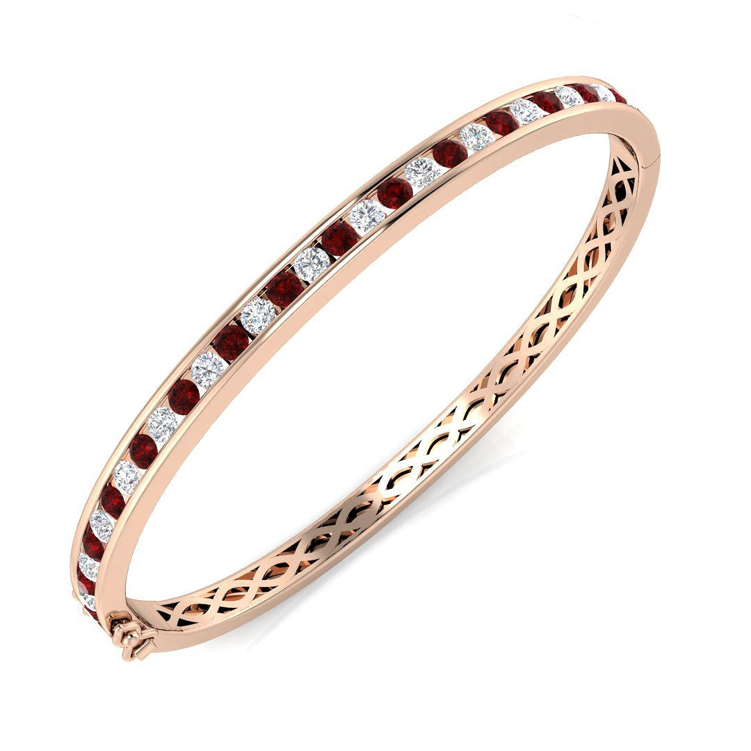 Platinum Natural Round Cut and Ruby Channel Set Eternity Bangle with Hinged Box Clasp in 10K/14K gold and platinum with certified lab-grown or natural diamonds
