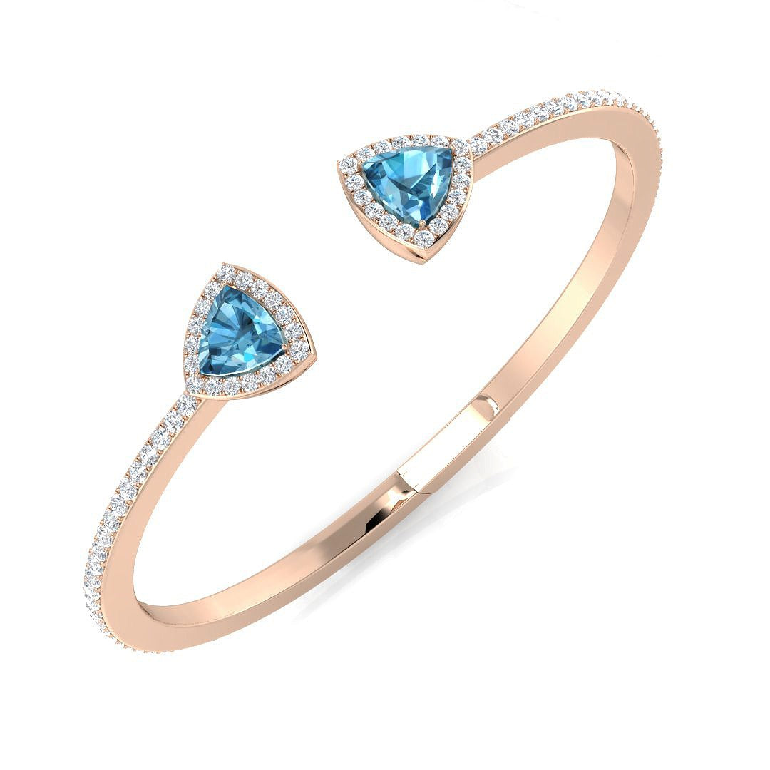 Trillion Cut Blue Topaz Open Cuff Bangle with Natural Halo Diamond in 10K/14K gold and platinum with certified lab-grown or natural diamonds