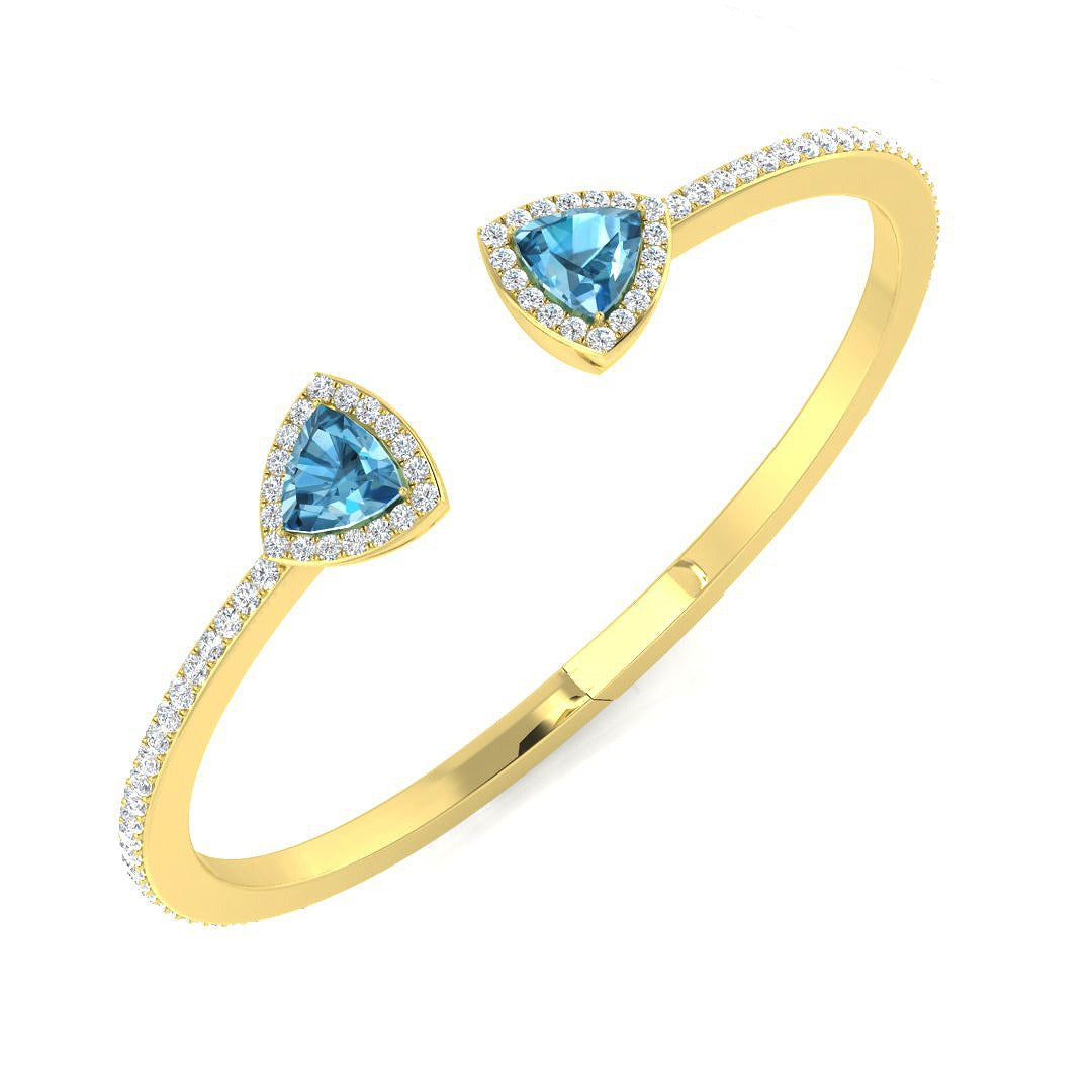 Trillion Cut Blue Topaz Open Cuff Bangle with Natural Halo Diamond in 10K/14K gold and platinum with certified lab-grown or natural diamonds