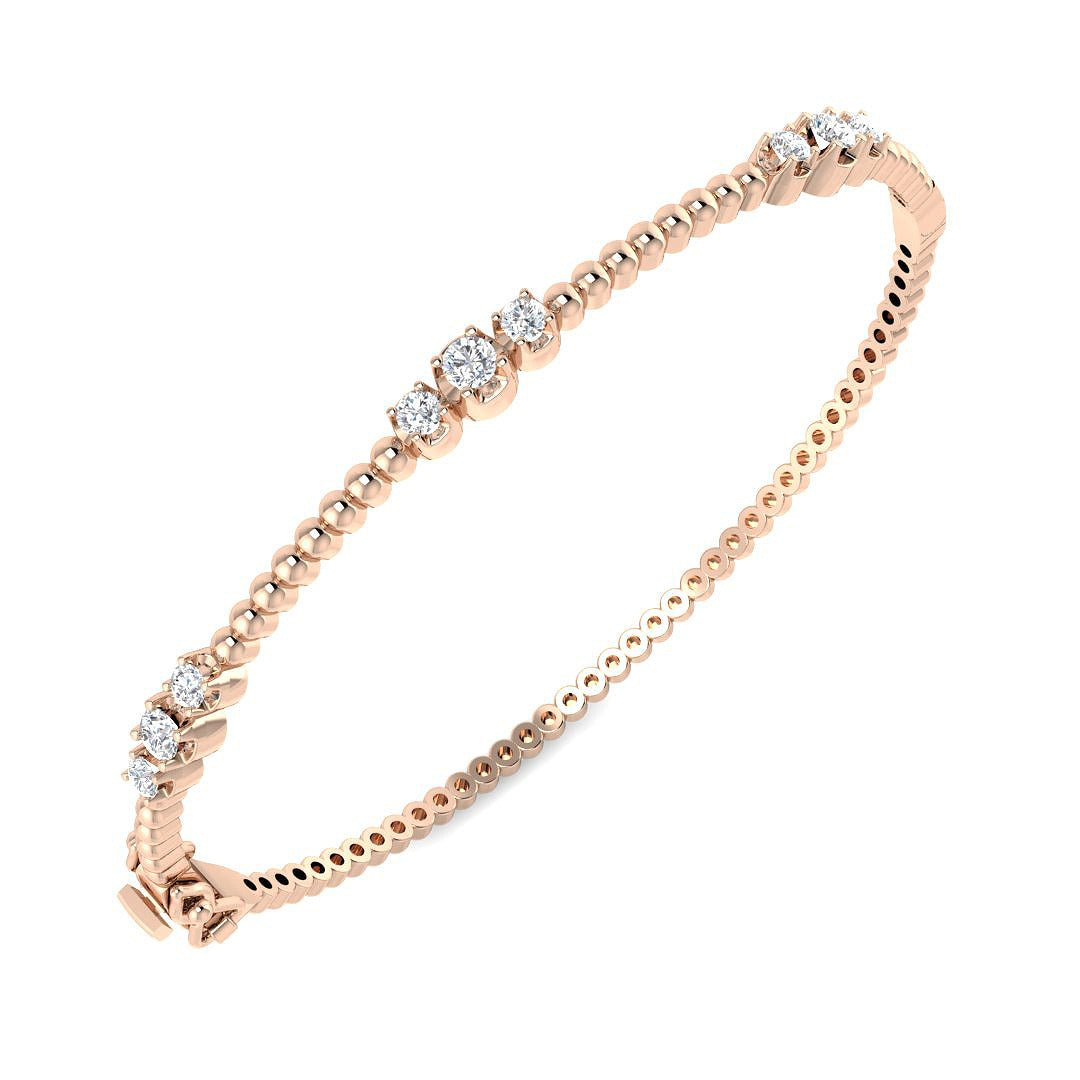 Lab Grown Round Cut Diamond Trio Prong Set Beaded Fancy Hinged Bangle with Box Lock in 10K/14K gold and platinum with certified lab-grown or natural diamonds