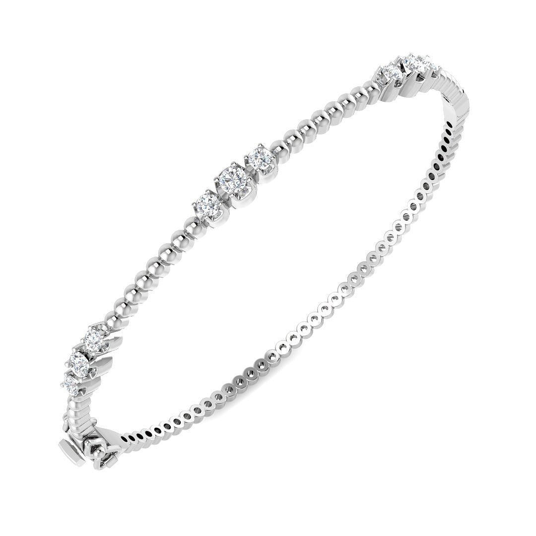 Lab Grown Round Cut Diamond Trio Prong Set Beaded Fancy Hinged Bangle with Box Lock in 10K/14K gold and platinum with certified lab-grown or natural diamonds