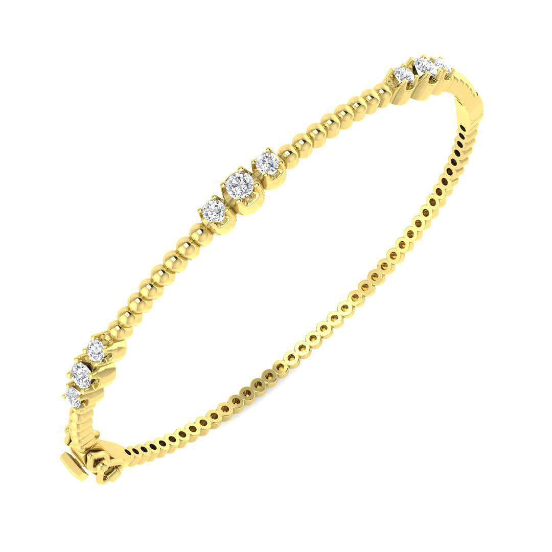 Lab Grown Round Cut Diamond Trio Prong Set Beaded Fancy Hinged Bangle with Box Lock in 10K/14K gold and platinum with certified lab-grown or natural diamonds