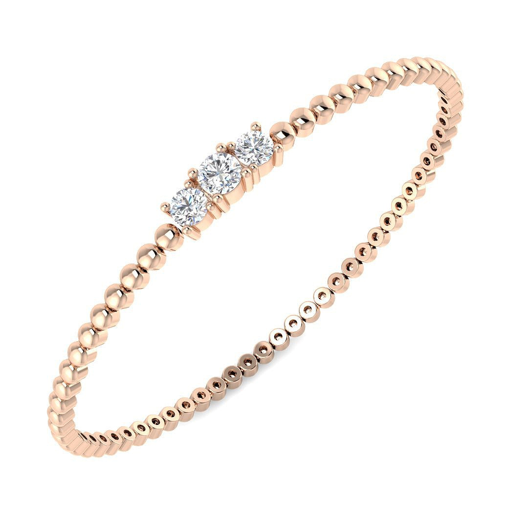 Platinum Lab Grown Round Three Stone Prong Set Beaded Diamond Bangle Bracelet in 10K/14K gold and platinum with certified lab-grown or natural diamonds