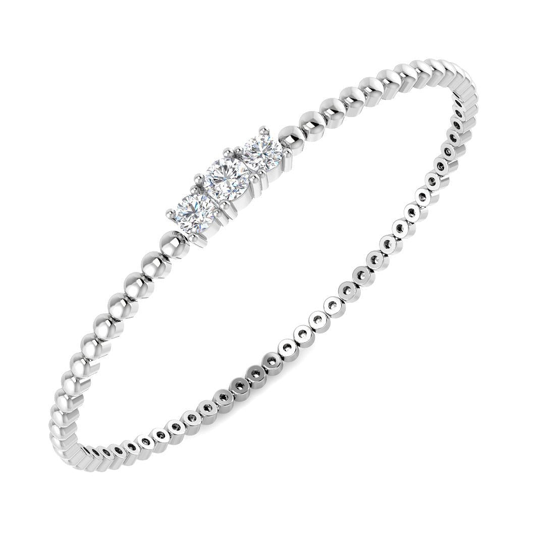 Platinum Lab Grown Round Three Stone Prong Set Beaded Diamond Bangle Bracelet in 10K/14K gold and platinum with certified lab-grown or natural diamonds