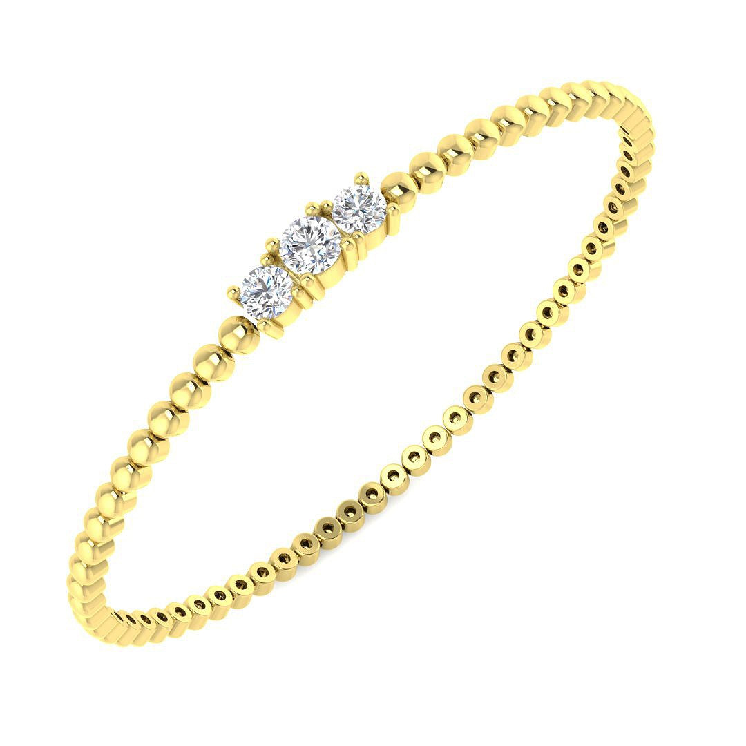 Platinum Lab Grown Round Three Stone Prong Set Beaded Diamond Bangle Bracelet in 10K/14K gold and platinum with certified lab-grown or natural diamonds