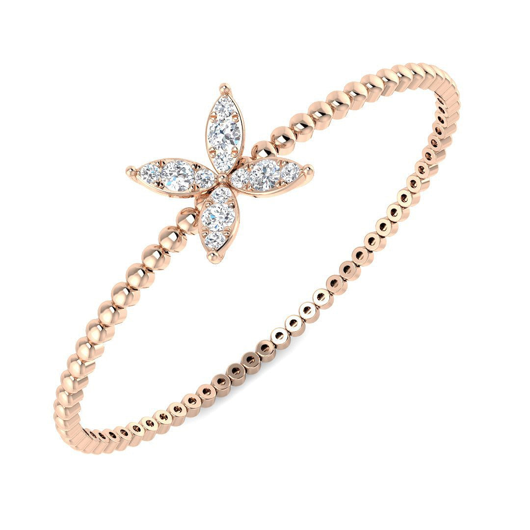 Natural Round Cut Diamond Flower Style Beaded Fancy Bangle in 10K/14K gold and platinum with certified lab-grown or natural diamonds