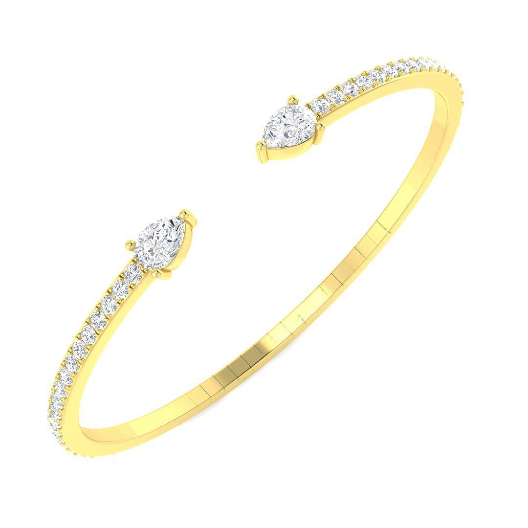Natural Round Pave Open Cuff Diamond Bangle with Pear Solitaire Ends in 10K/14K gold and platinum with certified lab-grown or natural diamonds
