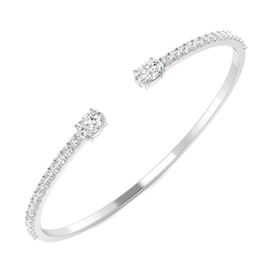 Natural Round Pave Open Cuff Diamond Bangle with Oval Solitaire Ends in 10K/14K gold and platinum with certified lab-grown or natural diamonds