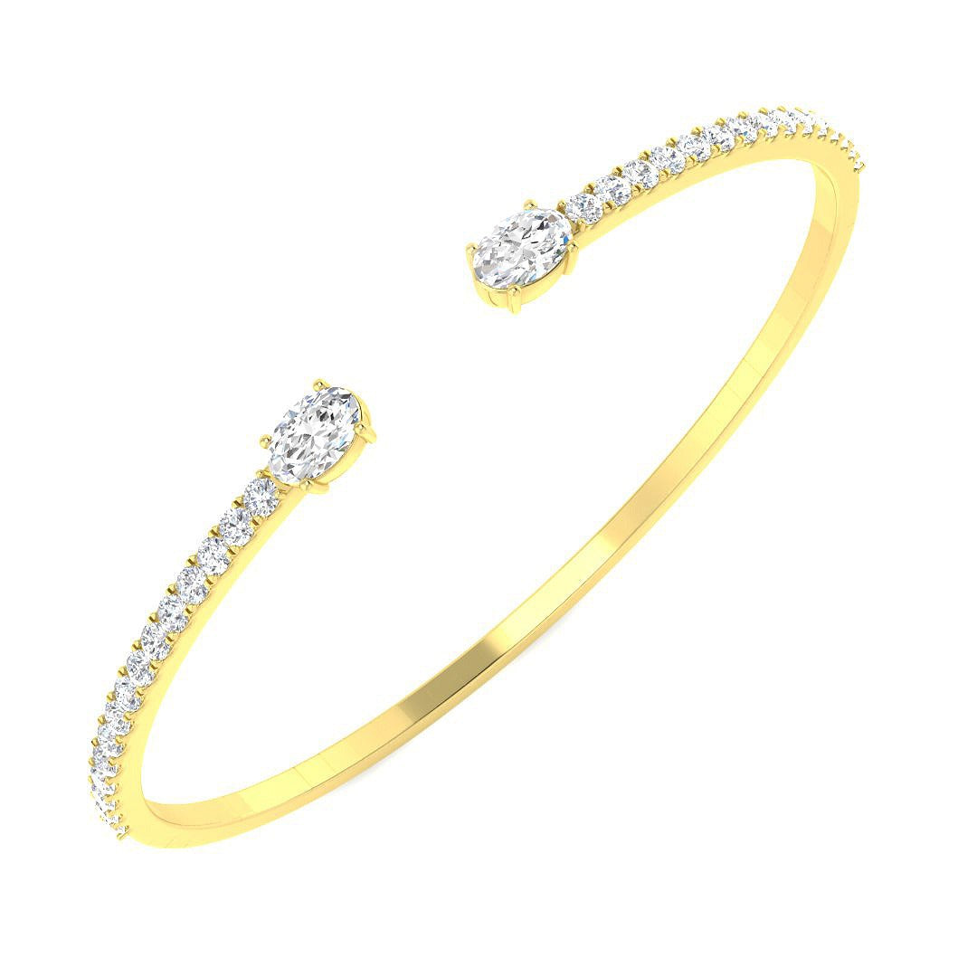 Natural Round Pave Open Cuff Diamond Bangle with Oval Solitaire Ends in 10K/14K gold and platinum with certified lab-grown or natural diamonds