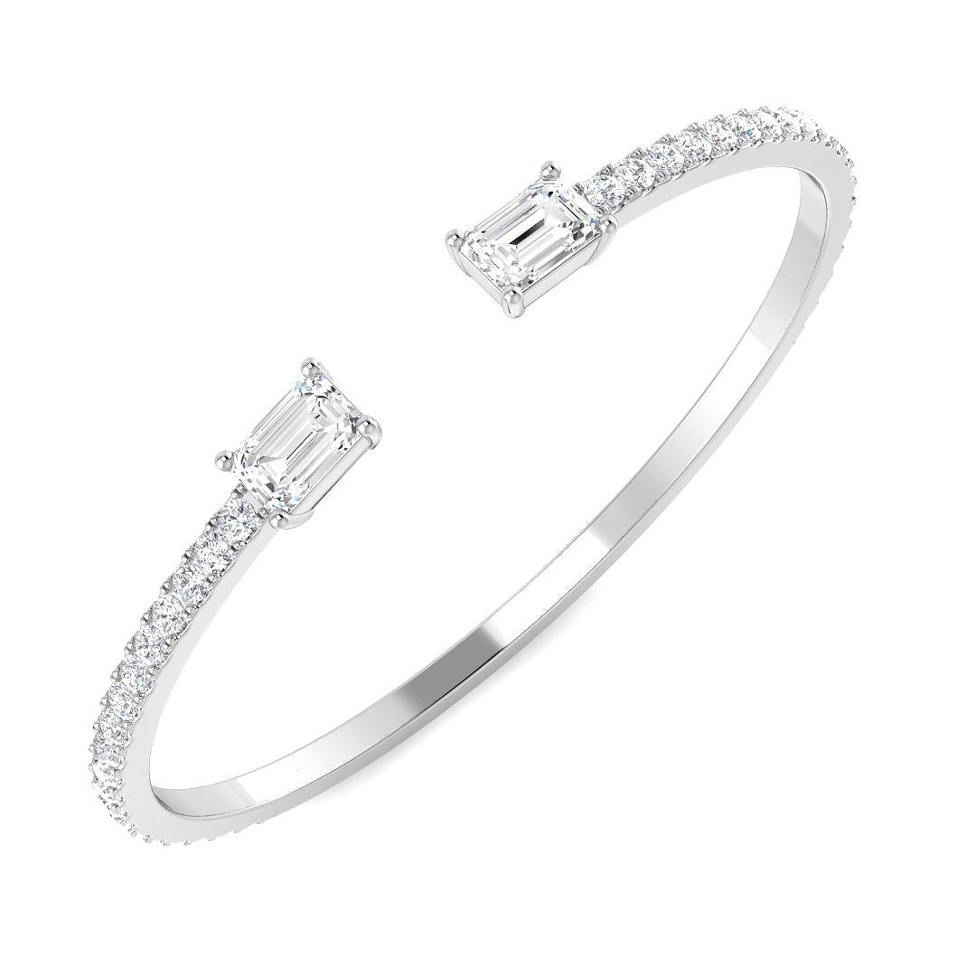 Natural Round Pave Open Cuff Diamond Bangle with Emerald Solitaire Ends in 10K/14K gold and platinum with certified lab-grown or natural diamonds