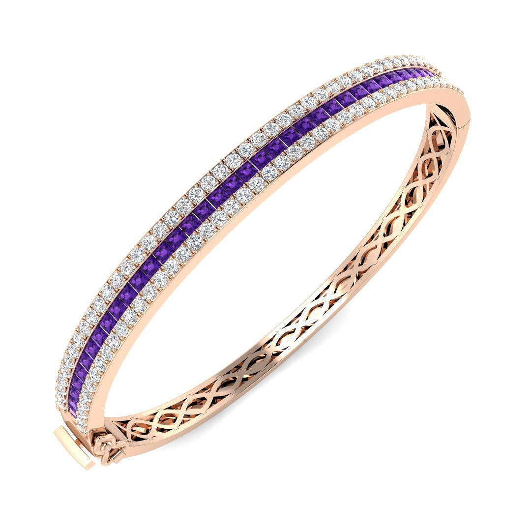 Natural Round Diamond and Princess Cut Amethyst Channel Set Hinged Bangle in 10K/14K gold and platinum with certified lab-grown or natural diamonds
