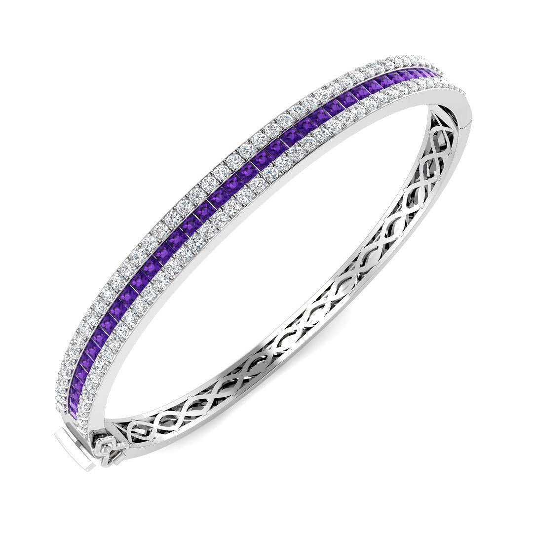 Natural Round Diamond and Princess Cut Amethyst Channel Set Hinged Bangle in 10K/14K gold and platinum with certified lab-grown or natural diamonds