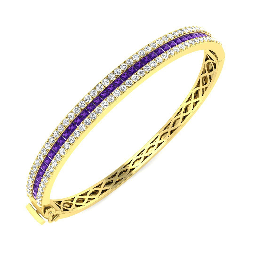 Natural Round Diamond and Princess Cut Amethyst Channel Set Hinged Bangle in 10K/14K gold and platinum with certified lab-grown or natural diamonds