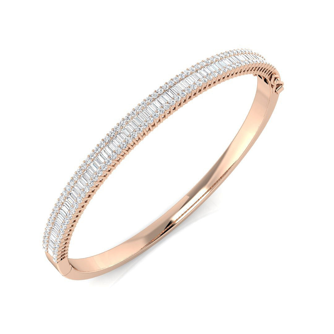 Platinum Lab Grown Diamond Bangle with Baguette and Round Cut Channel Pave Setting in 10K/14K gold and platinum with certified lab-grown or natural diamonds