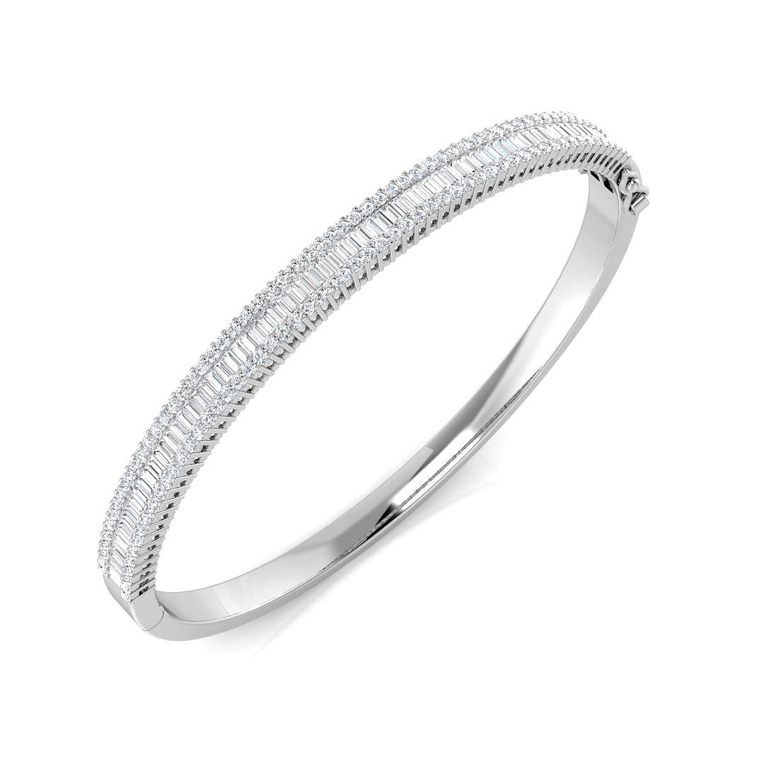Platinum Lab Grown Diamond Bangle with Baguette and Round Cut Channel Pave Setting in 10K/14K gold and platinum with certified lab-grown or natural diamonds
