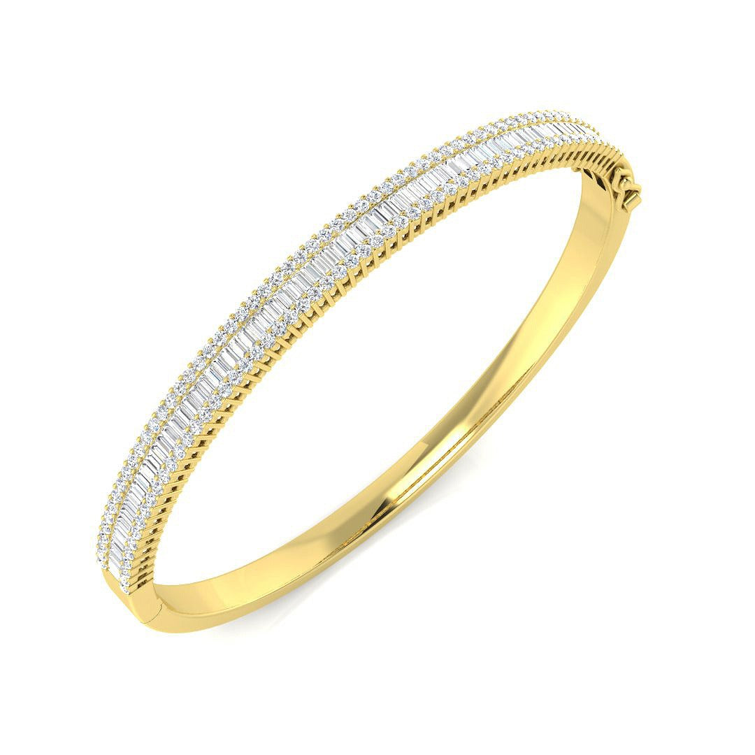 Platinum Lab Grown Diamond Bangle with Baguette and Round Cut Channel Pave Setting in 10K/14K gold and platinum with certified lab-grown or natural diamonds
