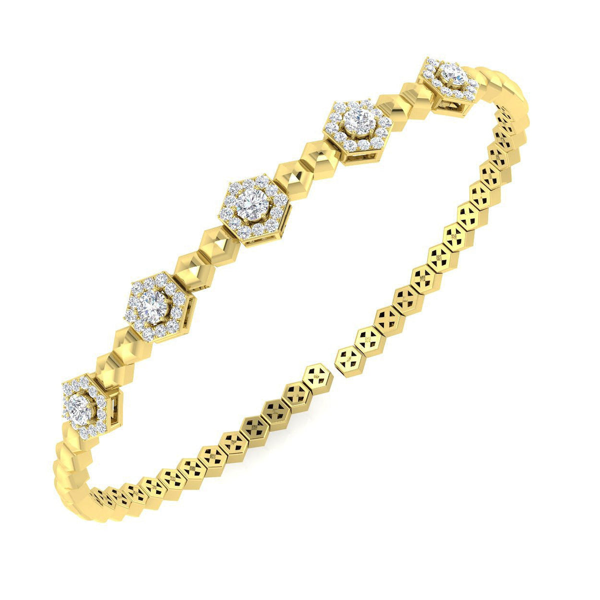 Lab Grown Round Cut Diamond Octagon Design Fancy Bangle in 10K/14K gold and platinum with certified lab-grown or natural diamonds