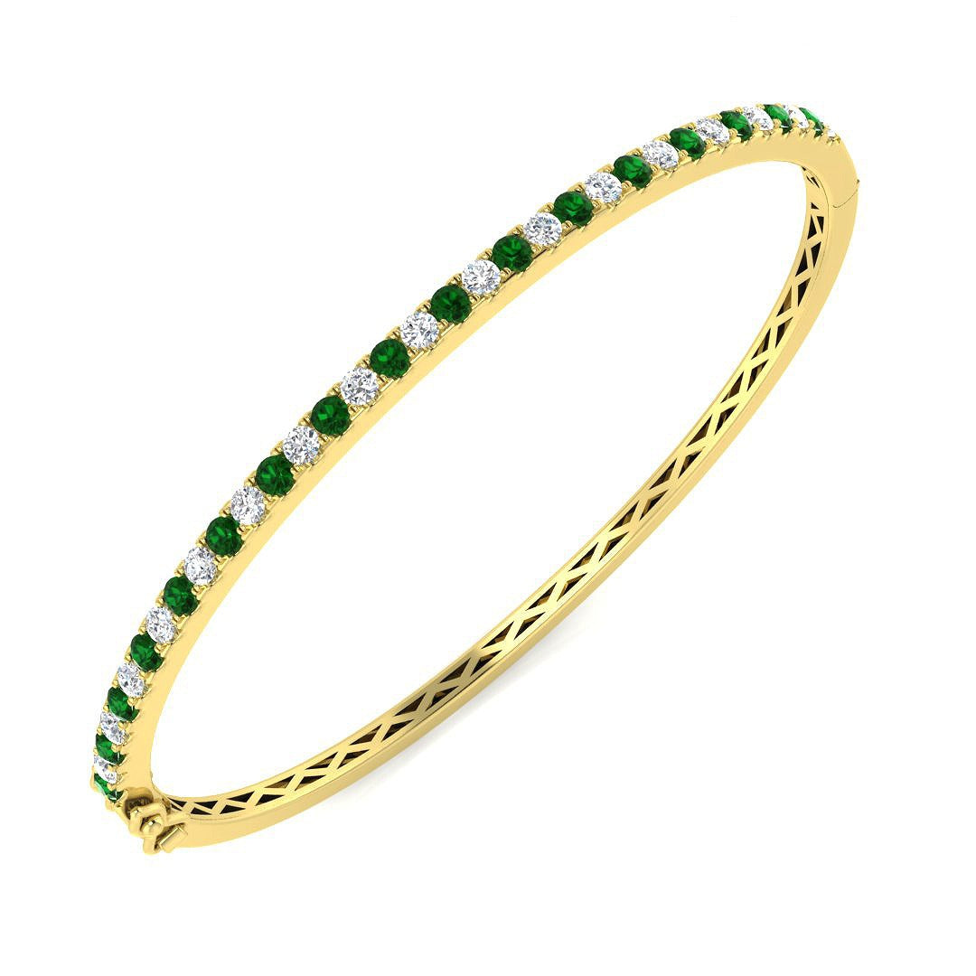 Platinum Natural Round Cut Diamond and Gemstone Half Eternity Prong Set Hinged Bangle in 10K/14K gold and platinum with certified lab-grown or natural diamonds