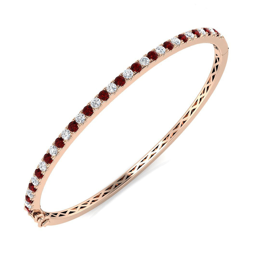 Natural Round Diamond and Ruby Half Eternity Bangle with Hinged Box Clasp in 10K/14K gold and platinum with certified lab-grown or natural diamonds