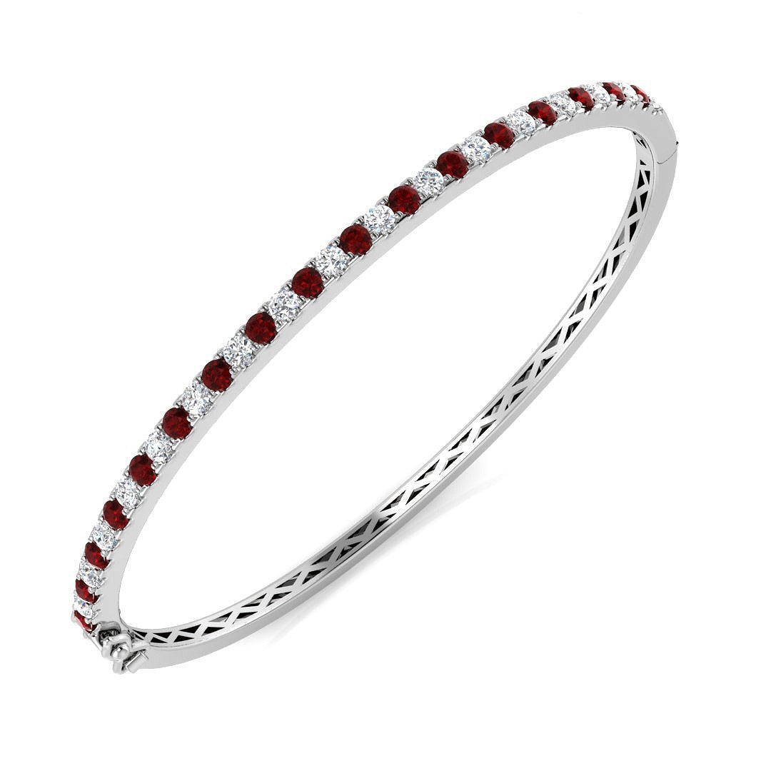 Natural Round Diamond and Ruby Half Eternity Bangle with Hinged Box Clasp in 10K/14K gold and platinum with certified lab-grown or natural diamonds